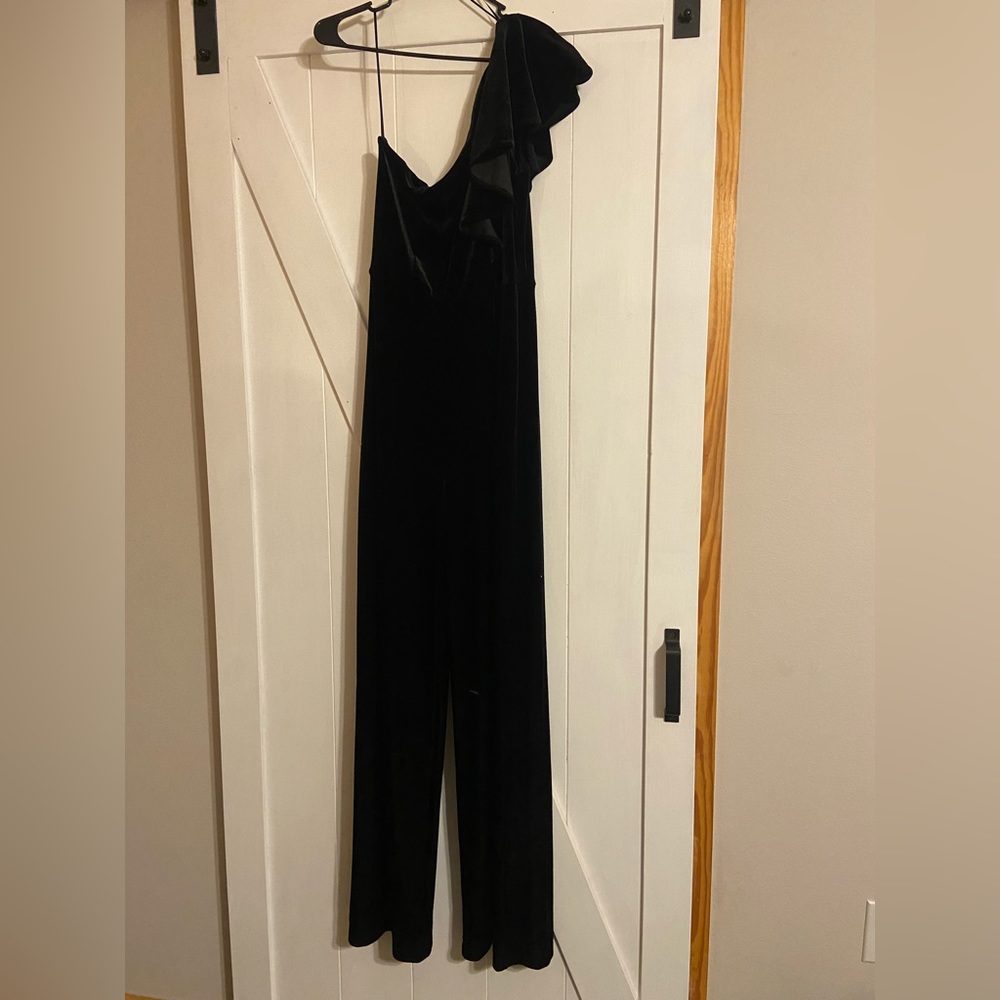 Velvet one shoulder jumpsuit. Size large Never Worn still has tag.
